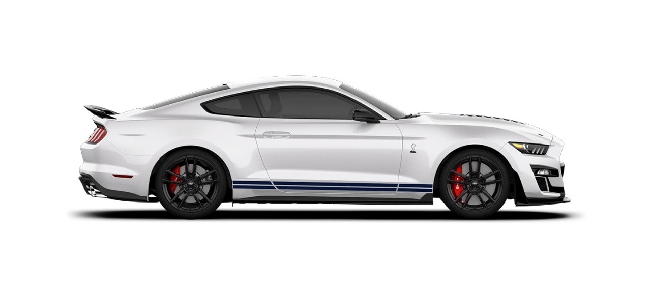 MustaMustang Shelby GT500 2021 Franjas Azules el Más Potente de Ford color Blanco Oxford