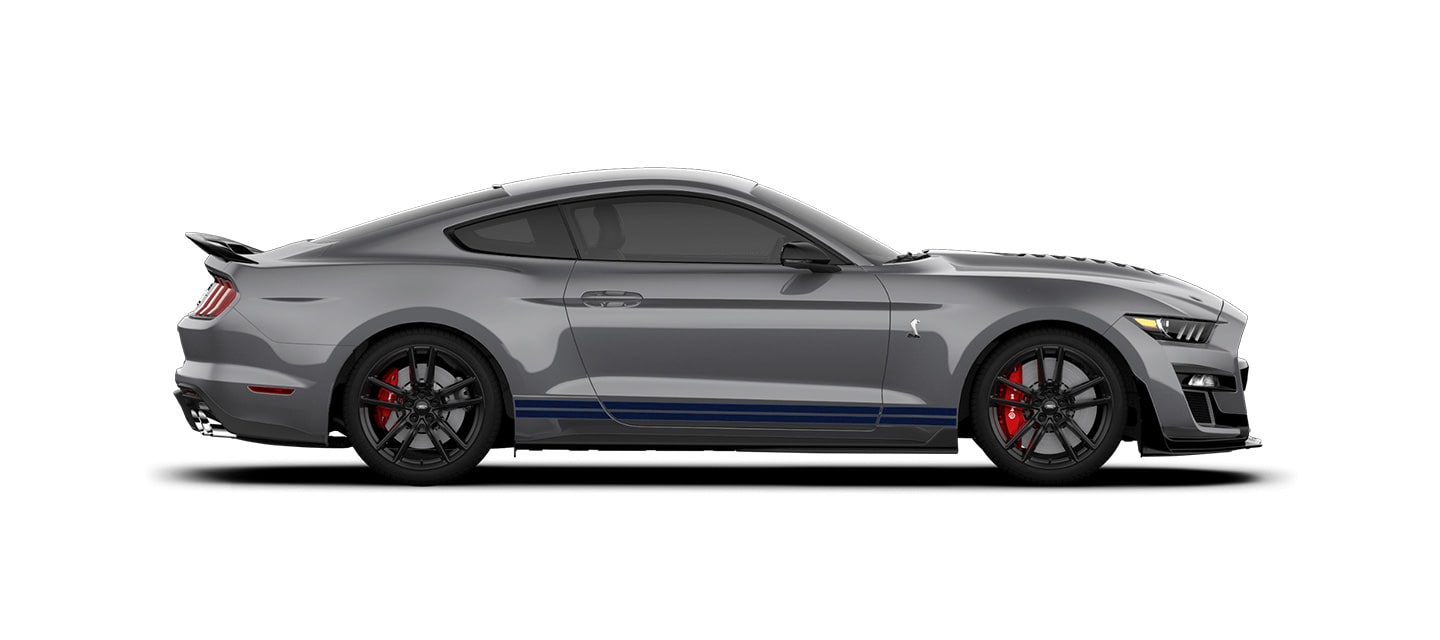 Mustang Shelby GT500 2021 Franjas Azules el Street Legal Más Potente de Ford color Gris Imán