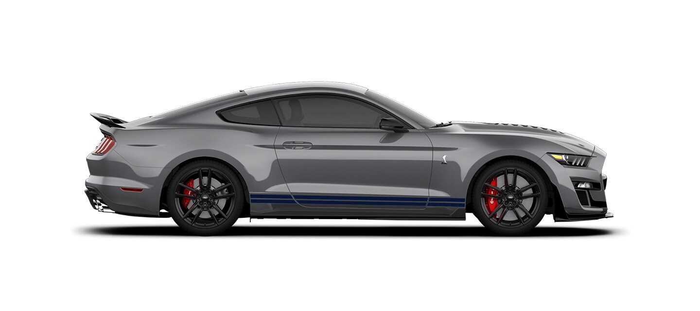 Mustang Shelby GT500 2021 Franjas Azules el Street Legal Más Potente de Ford color Gris Imán