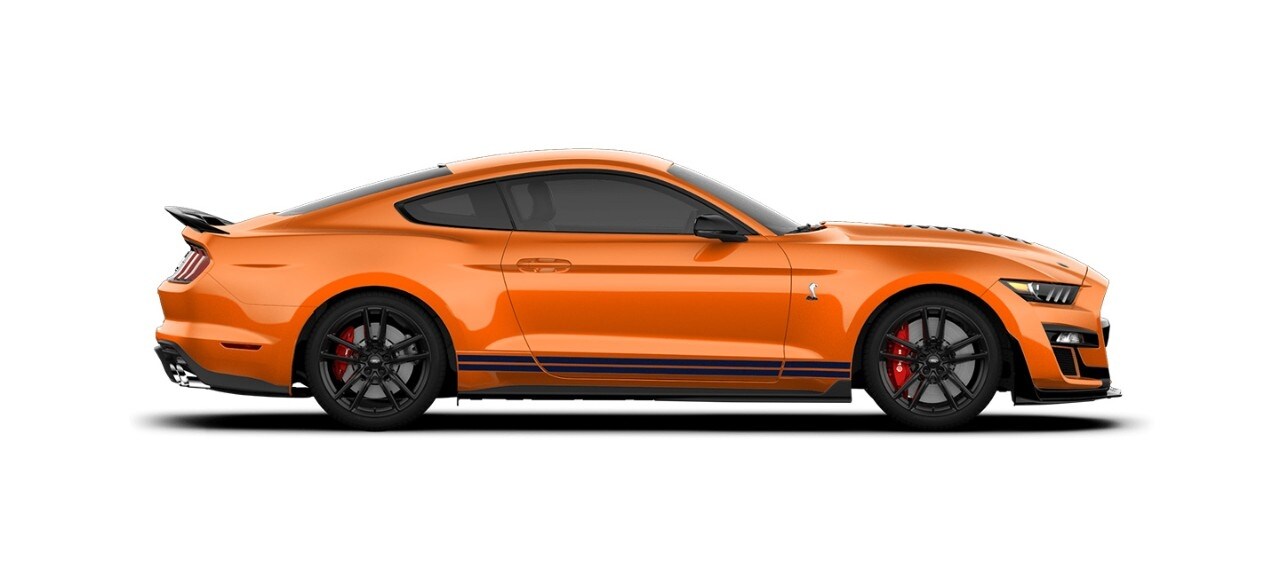 Mustang Shelby GT500 2021 Franjas Azules el Street Legal Más Potente de Ford color Naranja Tornado