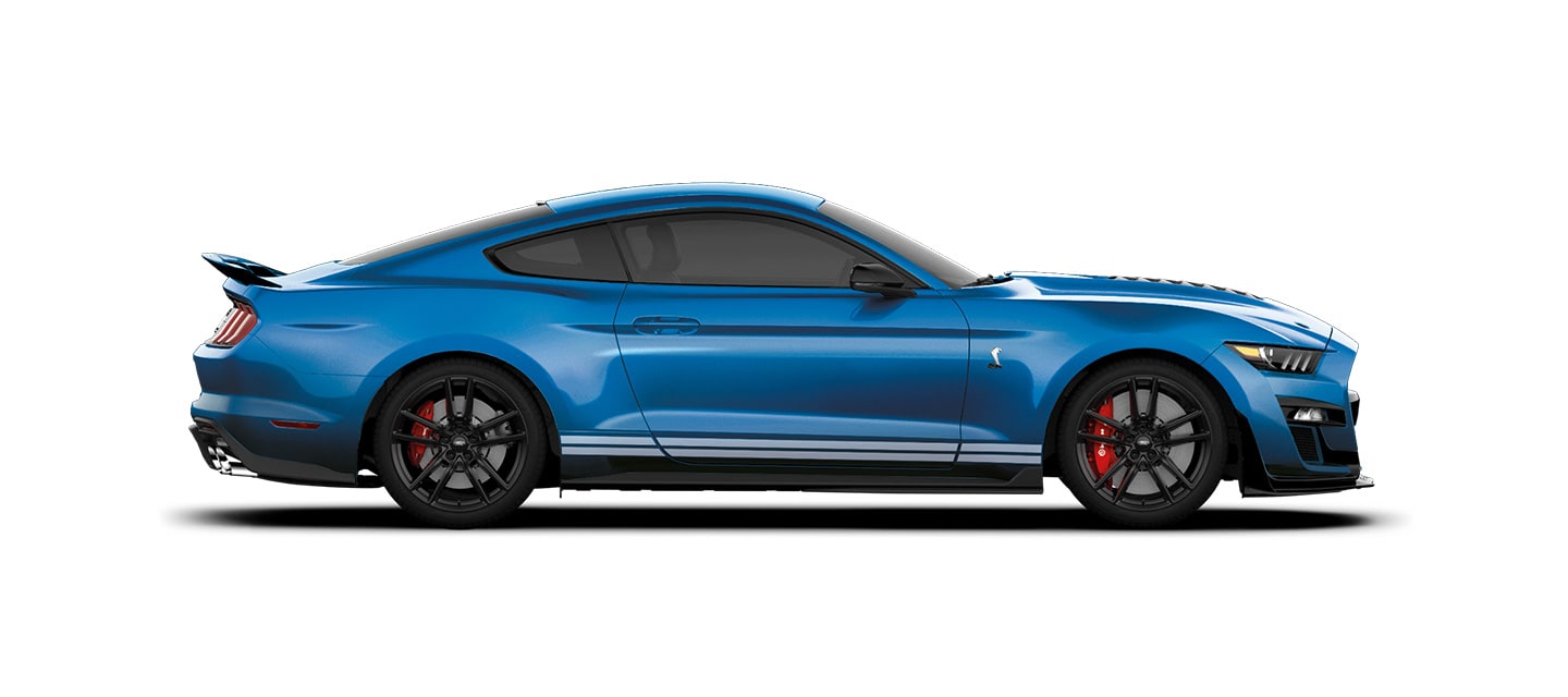 Mustang Shelby GT500 2021 Franjas Blancas el Street Legal Más Potente de Ford color Azul Eléctrico
