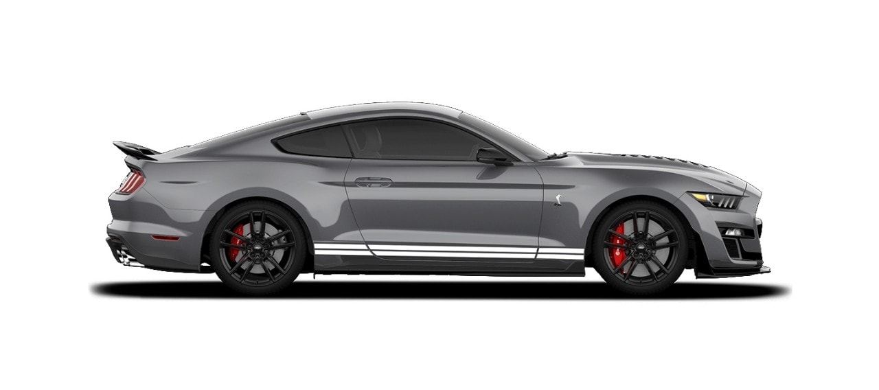 Mustang Shelby GT500 2021 Franjas Blancas el Street Legal Más Potente de Ford color Gris Imán