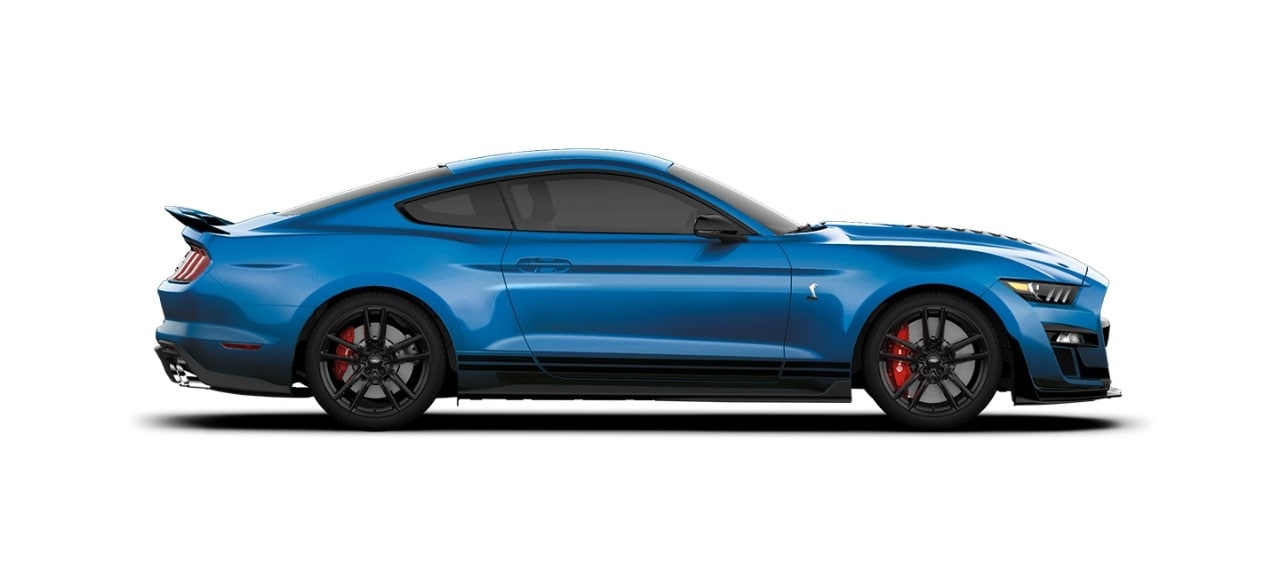 Mustang Shelby GT500 2021 Franjas Negras el Street Legal Más Potente de Ford color Azul Eléctrico