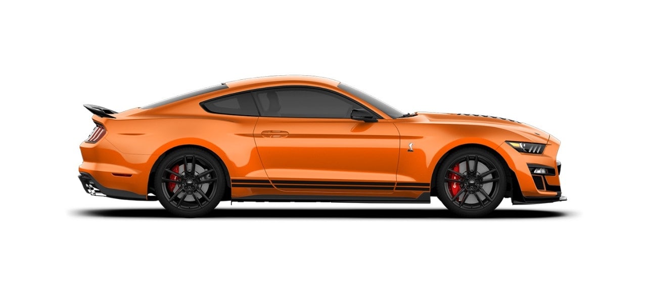 Mustang Shelby GT500 2021 Franjas Negras el Street Legal Más Potente de Ford color Naranja Tornado