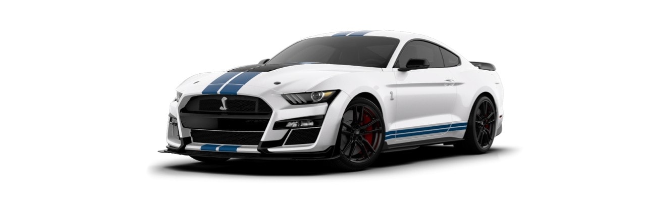Ford Mustang Shelby GT500 2022 el Auto Deportivo en color Blanco Oxford con Franjas Azul Cobalto 