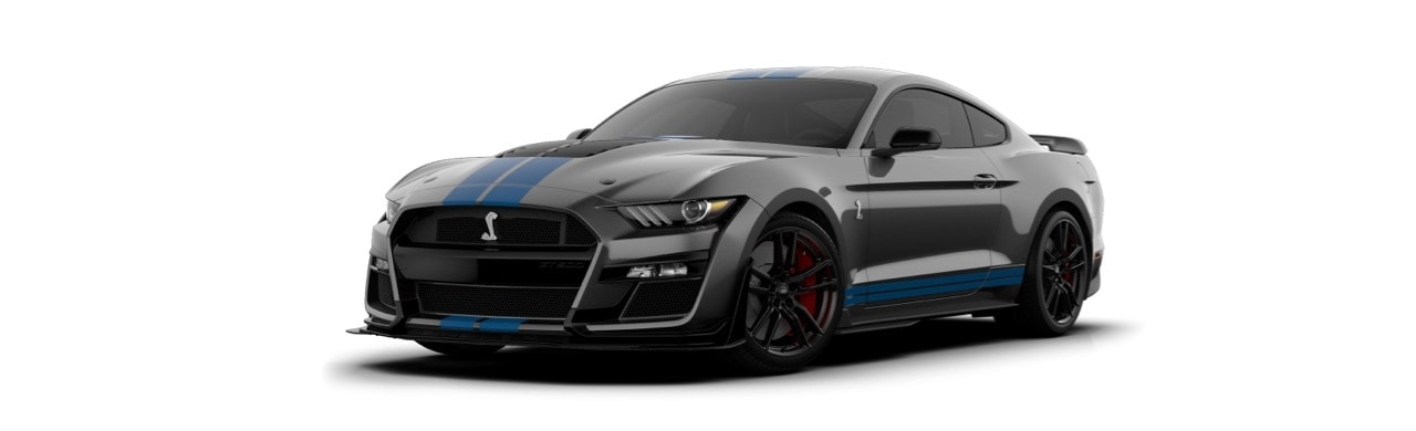 Ford Mustang Shelby GT500 2022 el Auto Deportivo en color Gris Carbono con Franjas Azul Cobalto 