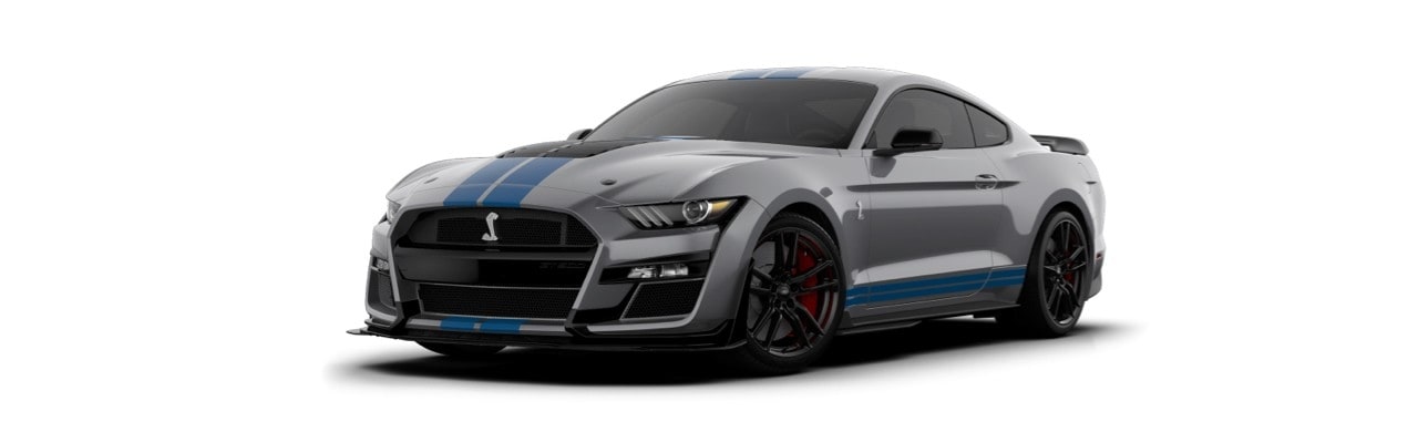 Ford Mustang Shelby GT500 2022 el Auto Deportivo en color Gris Magneto con Franjas Azul Cobalto 