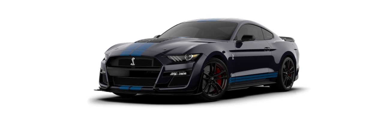 Ford Mustang Shelby GT500 2022 el Auto Deportivo en color Negro Ocaso con Franjas Cobalto 