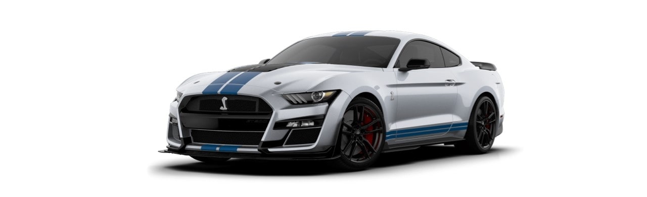 Ford Mustang Shelby GT500 2022 el Auto Deportivo en color Gris con Franjas Azul Cobalto 