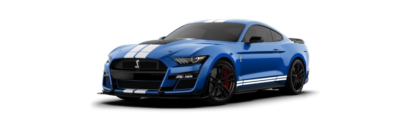 Ford Mustang Shelby GT500 2022 el Auto Deportivo en color Azul Atlas con Franjas Blancas 