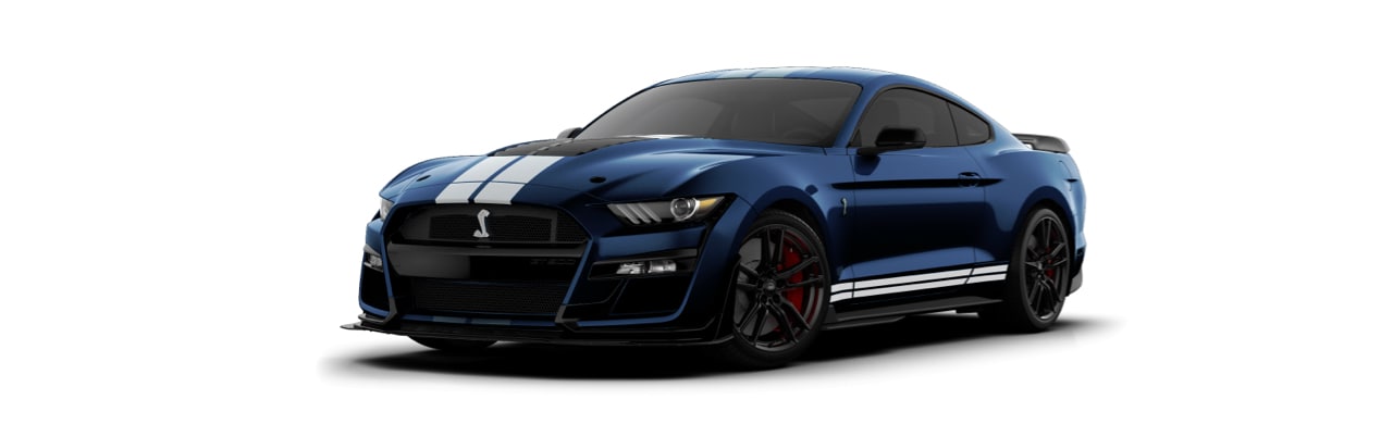 Ford Mustang Shelby GT500 2022 el Auto Deportivo en color Azul Supernova con Franjas Blancas 