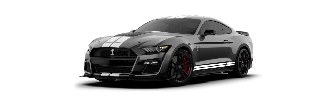 Ford Mustang Shelby GT500 2022 el Auto Deportivo en color Gris Magneto con Franjas Blancas 