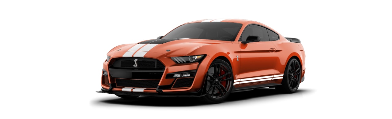 Ford Mustang Shelby GT500 2022 el Auto Deportivo en color Naranja Lava con Franjas Blancas 