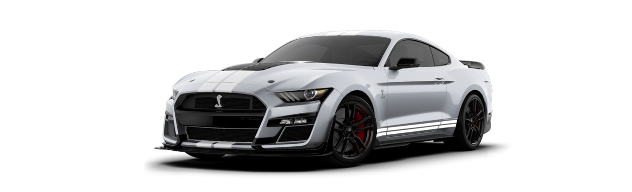 Ford Mustang Shelby GT500 2022 el Auto Deportivo en color Plata con Franjas Blancas 