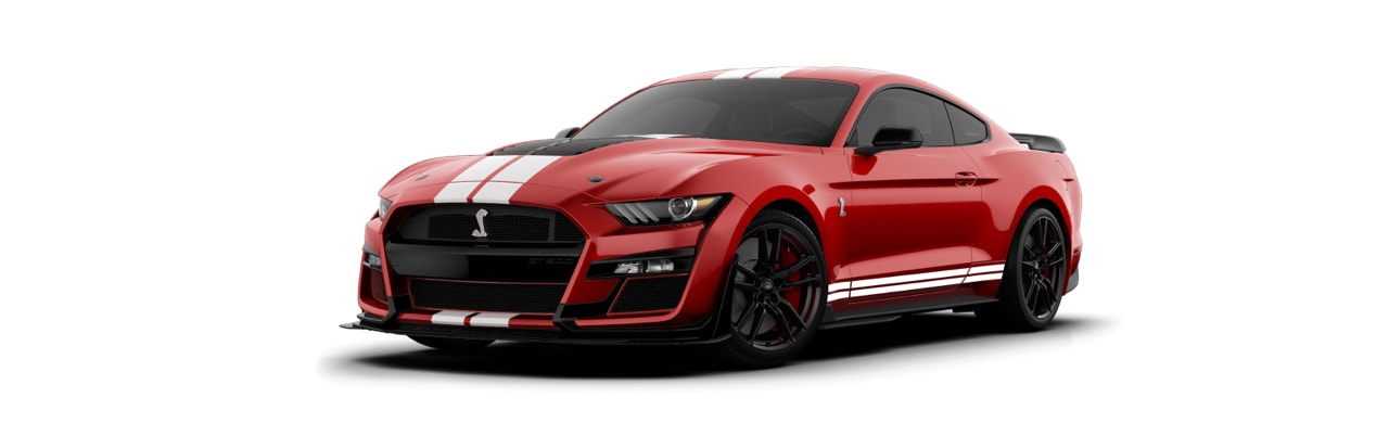 Ford Mustang Shelby GT500 2022 el Auto Deportivo en color Rojo Cereza con Franjas Blancas 