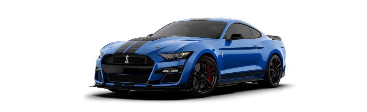 Ford Mustang Shelby GT500 2022 el Auto Deportivo con Franjas Negras en color Azul Atlas