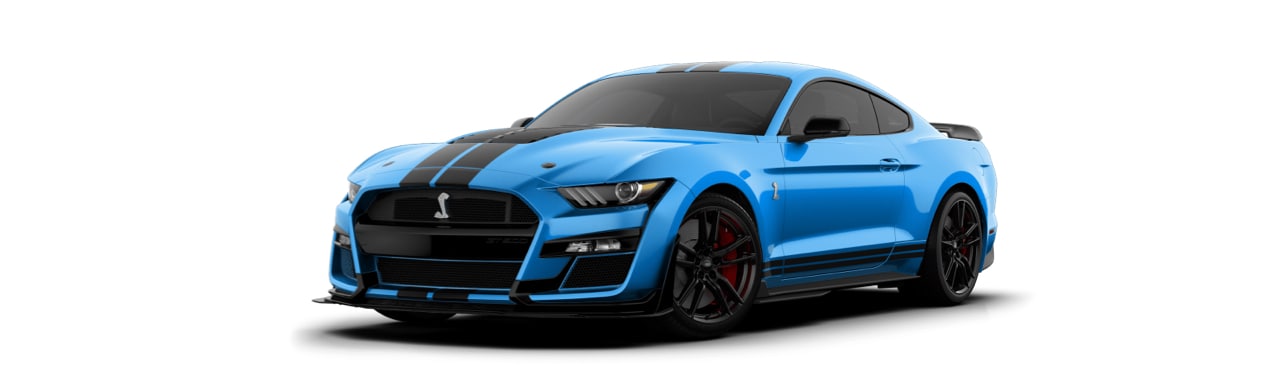 Ford Mustang Shelby GT500 2022 el Auto Deportivo con Franjas Negras en color Azul Icónico