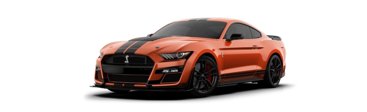 Ford Mustang Shelby GT500 2022 el Auto Deportivo con Franjas Negras en color Naranja Lava