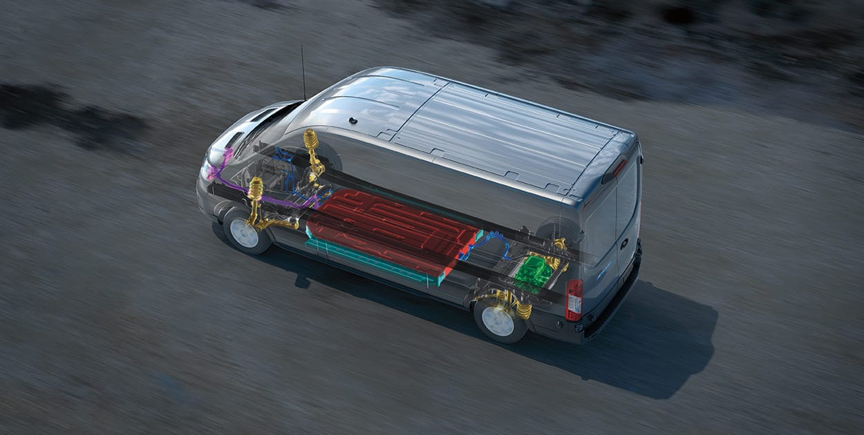 Gran Volumen de Carga de Ford E-Transit 2025 gracias a batería en cama de chasis