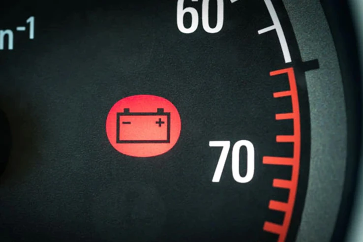 El tablero de un auto Ford mostrando la luz roja del testigo de la batería encendida