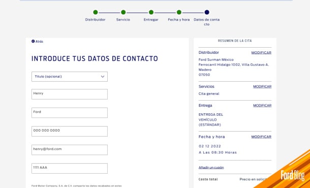 Agenda Cita de Servicio Ford en Distribuidor Autorizado ingresando Datos de Contacto en Mi Ford