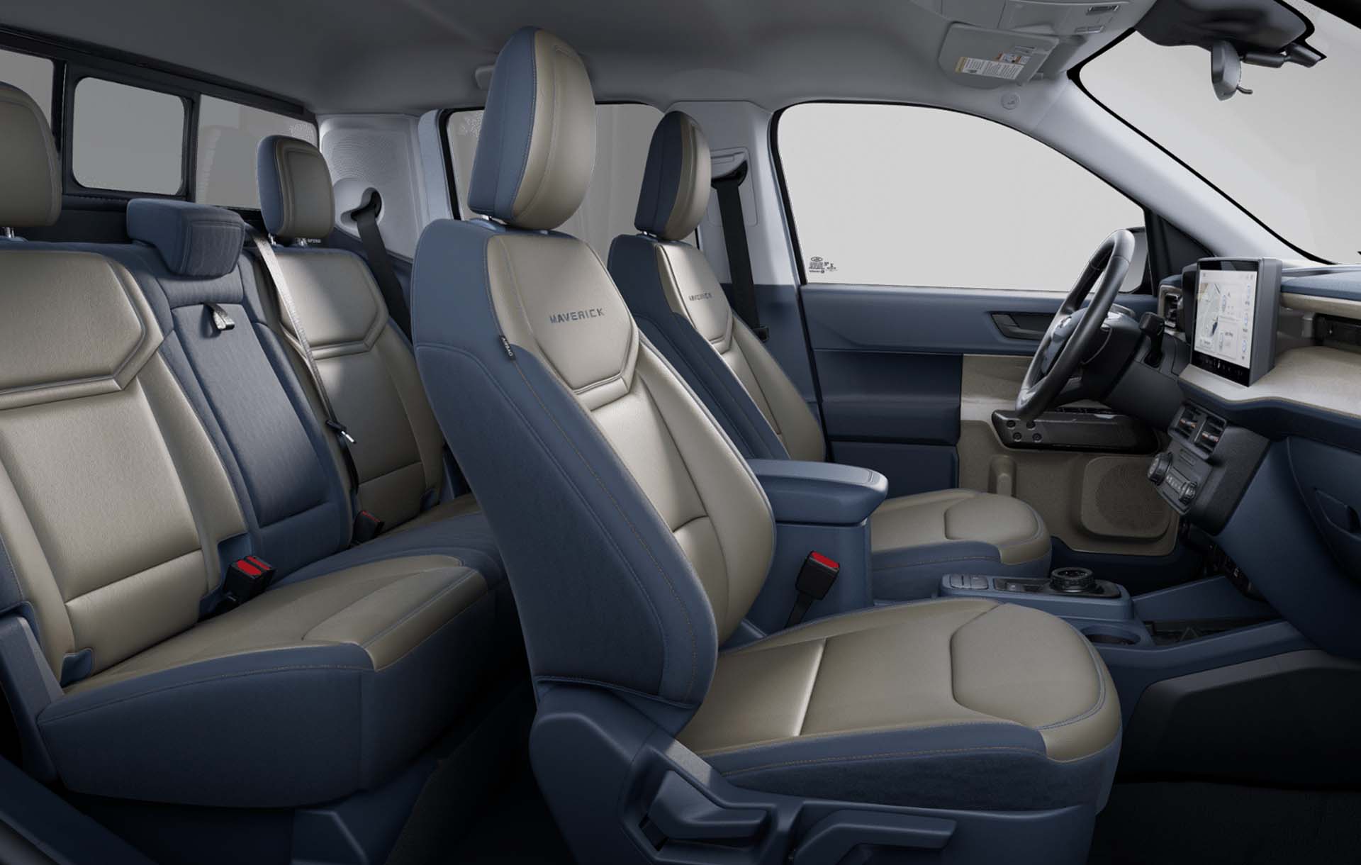 Ford Maverick 2026 Lariat, Interior de Pickup Híbrida con Asientos en Piel color Azul y Marfil